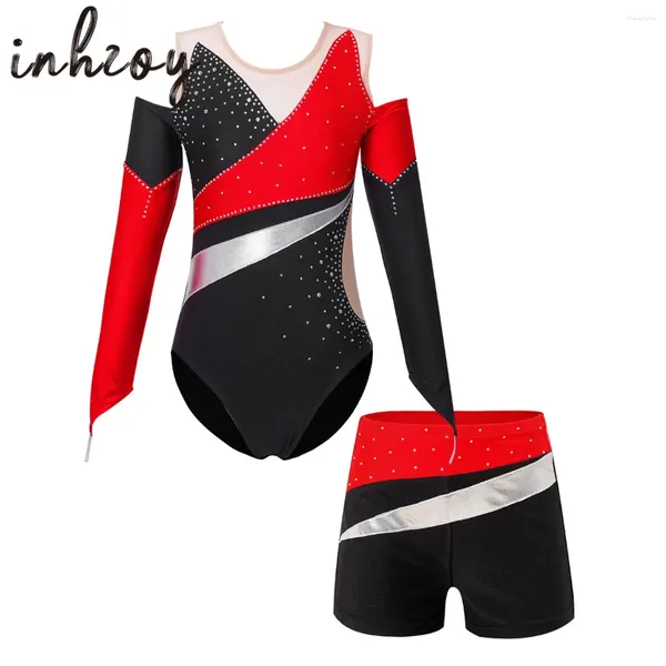 Bühnenkleidung Kinder Mädchen Strass Ballett Tanz Outfits Gymnastik Trikot Shorts Dancewear Set Figur Skaitng Bodysuit Overall