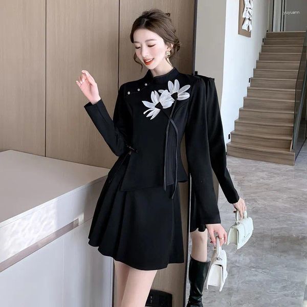 Vestidos de trabalho elegante preto y2k 2 peça vestido conjunto feminino estilo chinês malha flor topos curto plissado skrit moda ternos feminino retro outfit