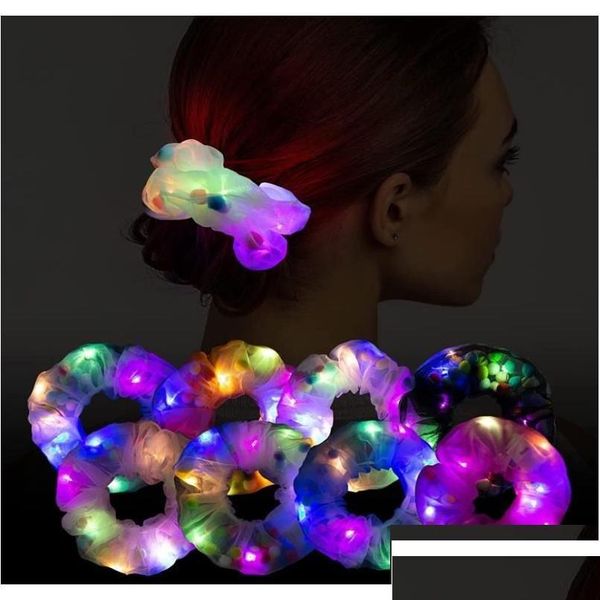 Acessórios de cabelo Stage Wear LED Scrunchies Rave Headwear Light Up Neon Cetim Rabo de Cavalo Elástico Laços Luminosos Brilhantes Hairring para Wom Dhvhj