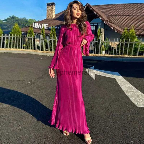 Vestidos casuais básicos clinkly babados rendas com nervuras maxi vestido para mulheres manga longa moda cintura alta elegante vestido de festa outono bandagem senhoras dre yq231211