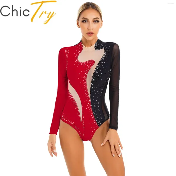 Stage Wear Body da ginnastica per danza classica da donna Body a maniche lunghe in rete trasparente con strass scintillanti per spettacoli di danza di pattinaggio di figura