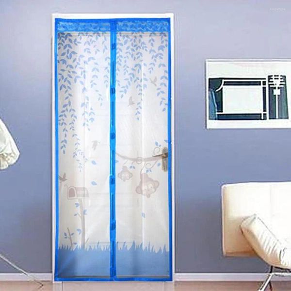 Tenda in stile coreano blu con sigillo in cartone animato per camera da letto in rete, senza perforazione, porta traspirante