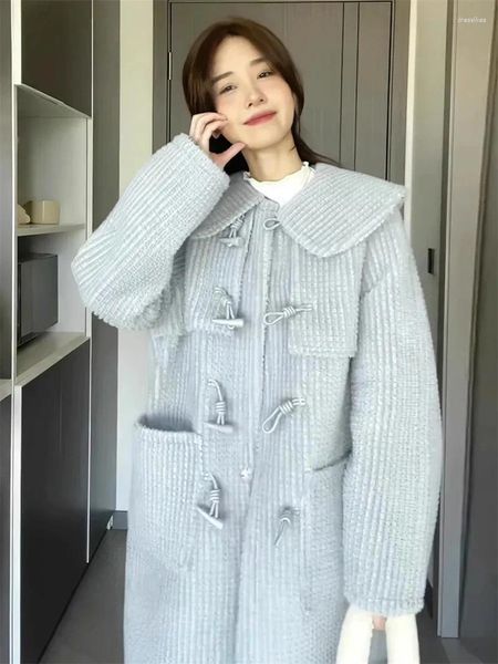 Casacos de Trench das Mulheres Boneca Pescoço Botão Up Cardigan Casaco para Mulheres no Outono Inverno 2024 Chubby Mm Solto Emagrecimento e Nicho Lnstagram Estilo