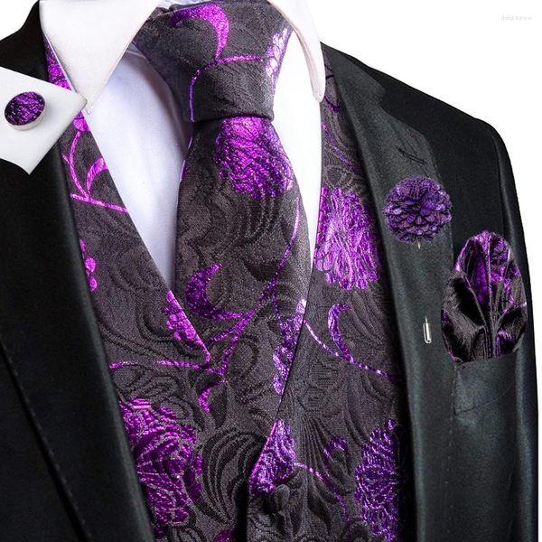 Coletes masculinos Designer Floral Mens Seda Roxo Preto Jacquard Colete Gravata Hanky Cufflinks Broche Casamento Formal Festa de Negócios Hi-Tie