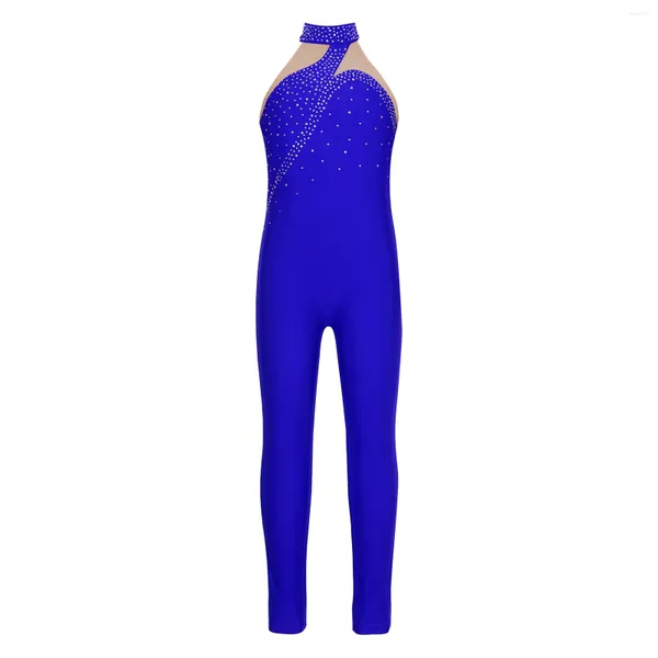 Abbigliamento da palcoscenico Bambini Ragazze Pattinaggio di figura Costume Balletto Danza Ginnastica Acrobazie Body Dancewear Body senza maniche in rete con strass