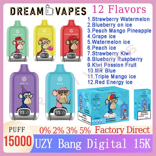 Original Uzy Bang Digital 15000 Puff Descartável Vapes Caneta Cartucho de Bateria Desechável 20ml 0% 2% 3% 5% E Cigarro Puffs 15K Kit