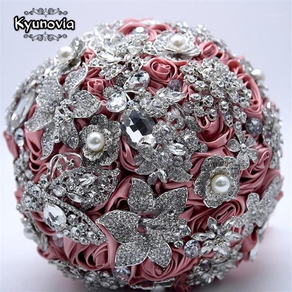 Dekorative Blumen Kränze Silber Brosche Blumenstrauß Hochwertige individuelle Hochzeits-Brautsträuße Erröten Rosa Satinrosen Strass Flowe257W