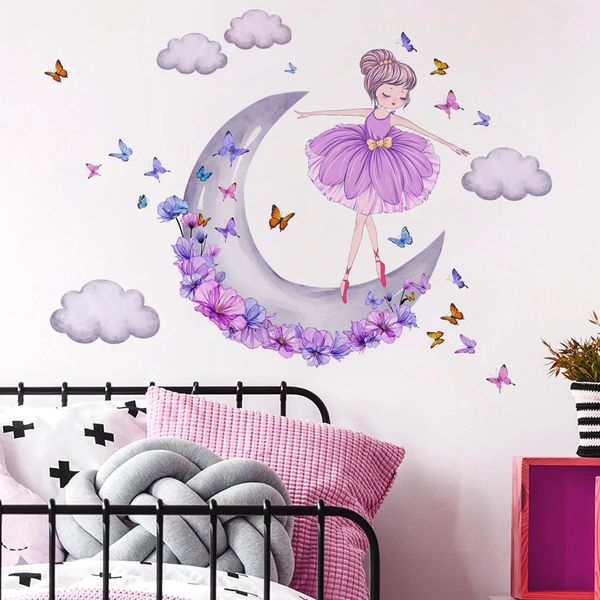 Adesivi murali Ragazza ballerina sulla luna per camera da letto Decalcomanie rimovibili Decorazioni in PVC Camera delle ragazze Decorazione artistica 231211