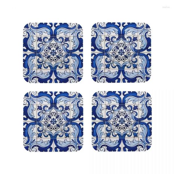 Tischsets, Lissabon, blaue Azulejo-Fliesen, Blumenmuster, Kaffeematte, Leder, Tischset, Tasse, Geschirr, Dekoration, Zubehör, Pads für die Küche zu Hause