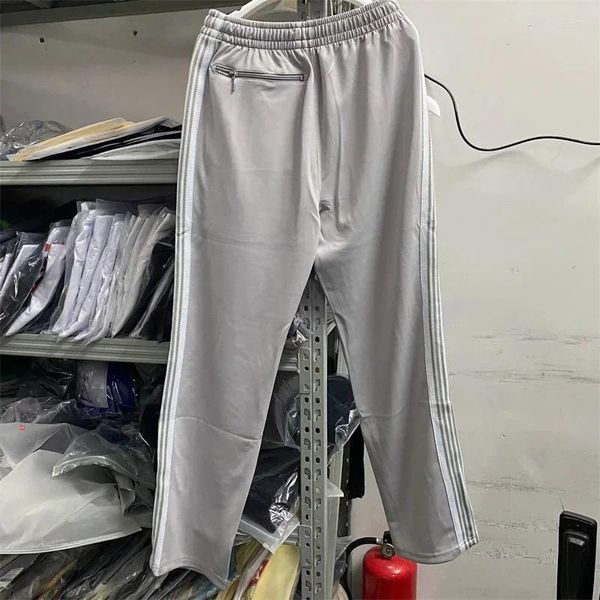 Calças masculinas cinza agulhas sweatpants homens mulheres poli pista suave borboleta logotipo de malha listra calças y2k corredores