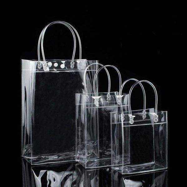10pcs pvc plastik hediye çantaları kulplu plastik şarap ambalaj çantaları açık çanta parti, düğmeler ile çanta moda pp