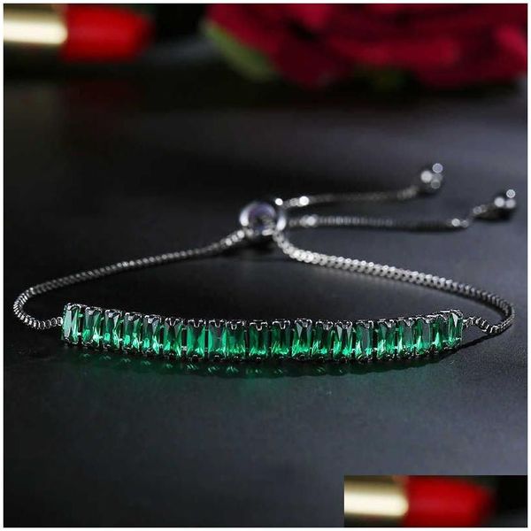 Catena 2,5 X 5 mm Zaffiro Baguette Colorf Cubic Zirconia Bracciale tennis Cursore Stile regolabile Lunghezza Pistola Braccialetti neri Bracciale F Dhezw