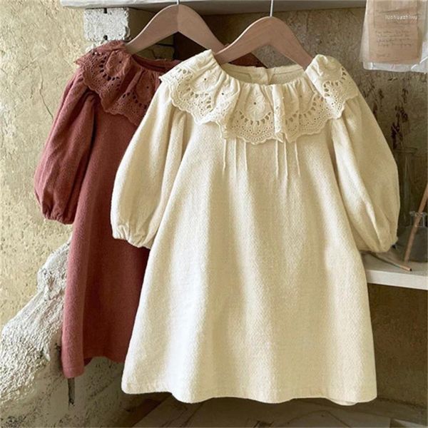 Vestidos de menina HoneyCherry outono menina rendas folha de lótus lapela linha a vestido de princesa meninas pano