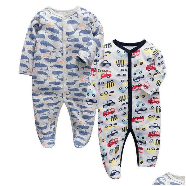 Strampler Born Kleidung 0-3 Monate Junge Mädchen Pyjamas Baumwolle Langarm Overall Cartoon Print Nachtwäsche Frühling Baby Strampler G1221 Drop Othod