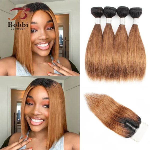 Pelucas sintéticas 50 g / pc 4 paquetes con cierre transparente 4x1 t encaje parte media ombre jengibre rubio recto remy cabello humano corto bob estilo 231211