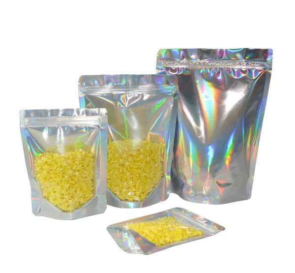 100pcs hologramas laser cor plástico stand up bag bolsa folha sacos holográficos prata zip bag5068365