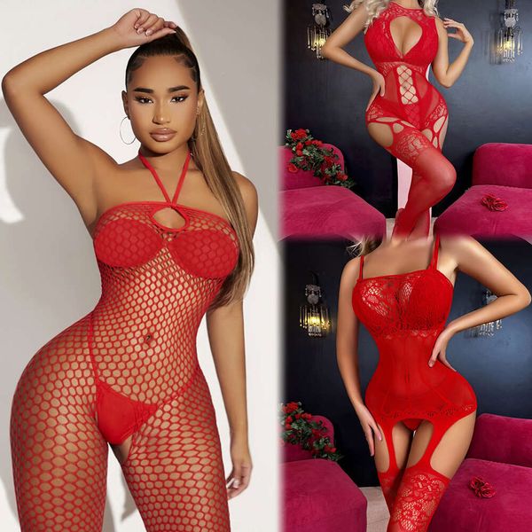 Calze da donna rosse intere a rete a rete sexy Maglia sexy scava fuori attraverso tute Tute erotiche trasparenti Costume sexy