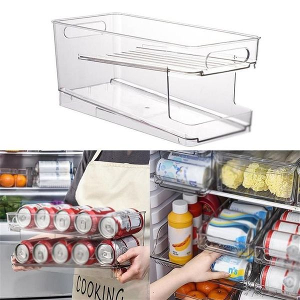 Ganchos trilhos dupla camada geladeira bebida organizador gaveta com alça auto-rolamento refrigerante pode armazenamento bin recipiente caixa rack titular t3102
