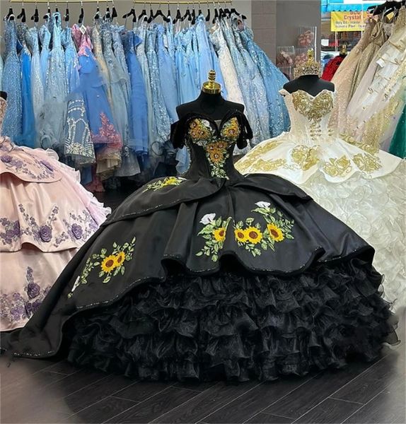 México preto fora do ombro vestido de baile quinceanera vestidos para meninas babados em camadas vestidos de festa de aniversário rendas até volta formatura