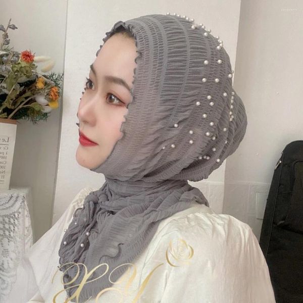 Abbigliamento etnico Sciarpa estiva in voile sottile Sciarpa da donna Hijab musulmano Turbante elastico Femme Belle ragazze con foulard Islam di perle