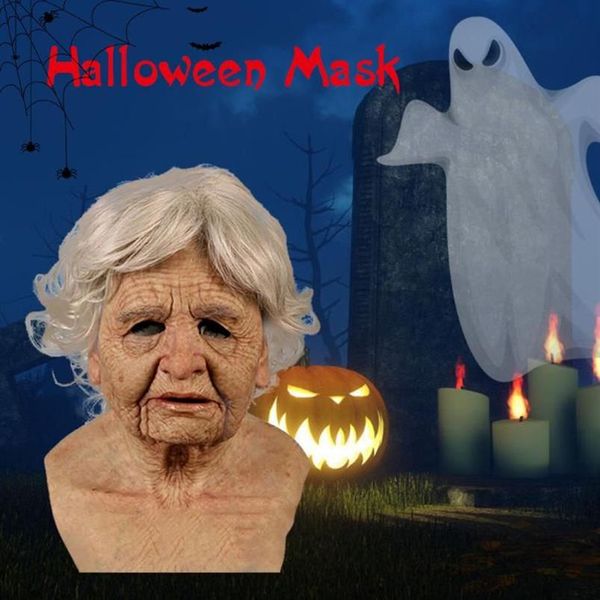 Máscaras de festa velho homem assustador máscara halloween cabeça cheia látex cosplay rosto engraçado mulher realista capacete adulto260k