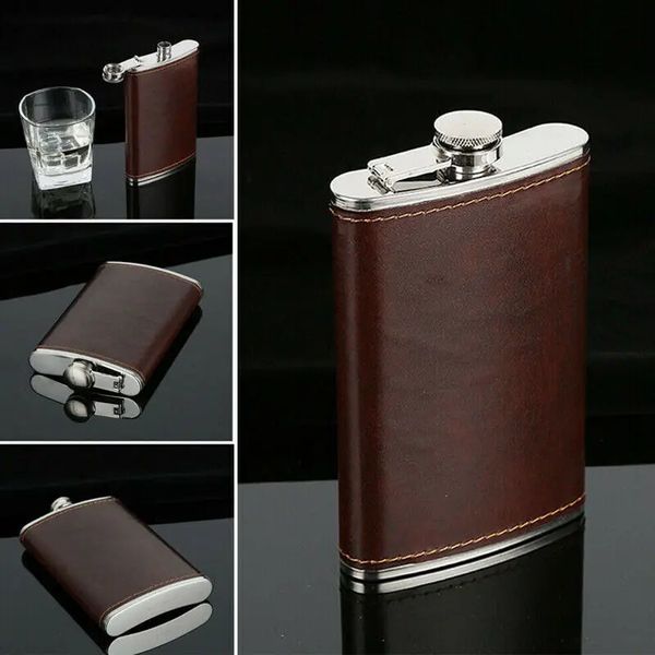 Flachmänner, 5–10 oz, luxuriöser Taschen-Flachmann, mit braunem Leder überzogen, kleine Edelstahlflasche für Alkohol, tragbare Whiskyflaschen, Geschenk 231211