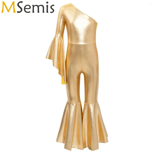 Stage Wear Kid Metálico Bodysuit Ballet Ballroom Jazz Dance Performance Traje Um Ombro Manga Macacão Com Zipper Meninas Vestidos