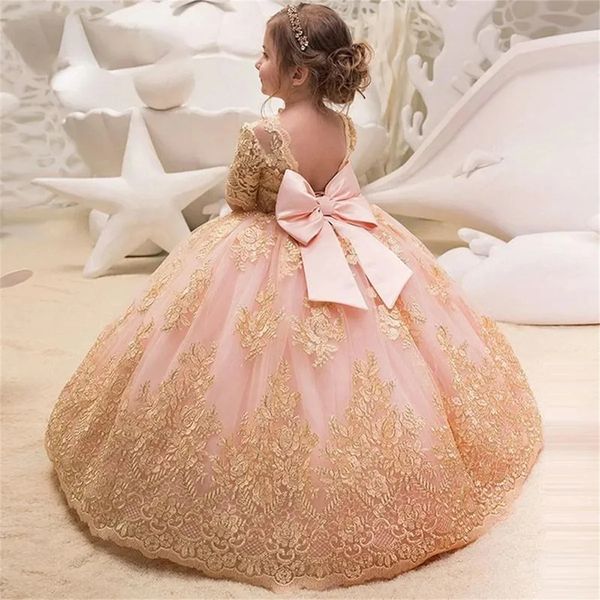 2024 Wunderschönes rosa Blumenmädchenkleid mit Schleife, langem Tüll und Goldapplikationen, Prinzessin, Hochzeit, Geburtstag, Party, Kleider für Kinder, Festzug, Ballkleider