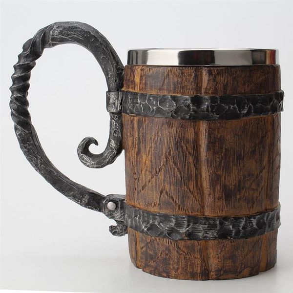 Barril de madeira resina de aço inoxidável 3d caneca de cerveja jogo tankard copo de café canecas de vidro de vinho 650ml tem gift272p