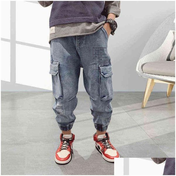 Jeans na moda para meninos crianças outono roupas infantis macio solto denim calças grande bolso carga calça hip hop calças g1220 drop delive otgw9