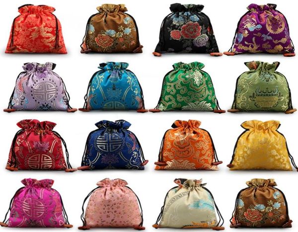 Роскошные большие подарочные пакеты с цветочным принтом, сумки для свадебной вечеринки, китайская шелковая парча, рождественская сумка, высококачественная сумка для хранения на шнурке 50pc6035047