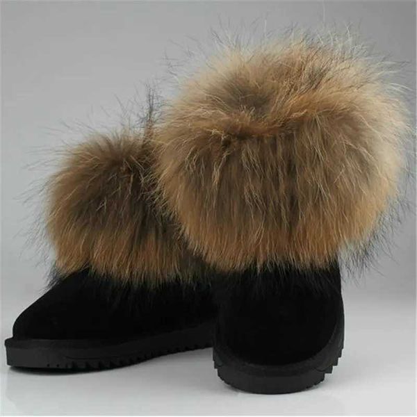 Moda 100% couro + pele de guaxinim bota mulher botas de neve inverno couro pele de raposa botas de neve