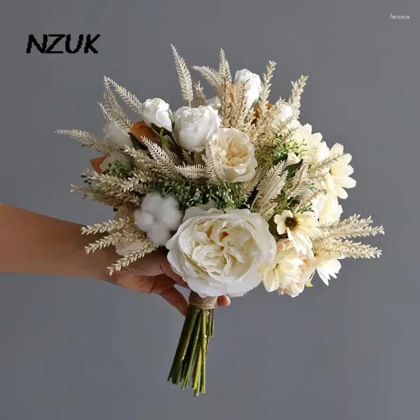 Flores de casamento NZUK Design Falso Buquê de Seda Artificial Fleur 2023 Branco Champanhe Rosa Vintage Buquês de Noiva