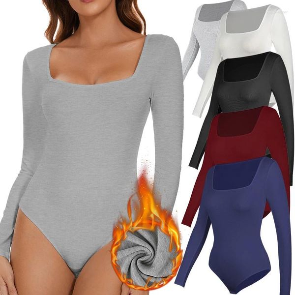 Shapers femininos roupa interior térmica topos baixo corte quadrado pescoço manga longa bodysuits manter quente camisa de fundo compressão undershirts