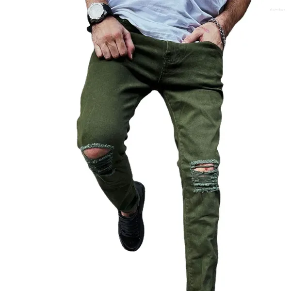 Jeans da uomo 2023 Pantaloni da uomo in denim skinny strappati con foro al ginocchio Tinta unita Pantaloni slim fit stile hip-hop autunno estate