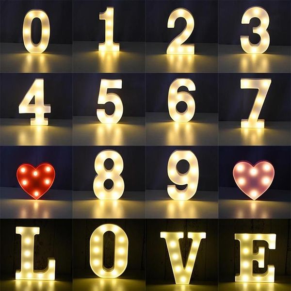 Decoração de festa 26 letras inglesas LED Night Light Digital Marquee Sign 3D Wall Hang Decoração Interior Casamento Aniversário Valentine Supp1930