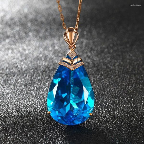 Anhänger Halsketten Megin 18k Rose Gold Überzogene Meer Blau Tropfen Topas Crytal Luxus Vintage Kragen Kette Halskette Für Frauen Paar geschenk Schmuck