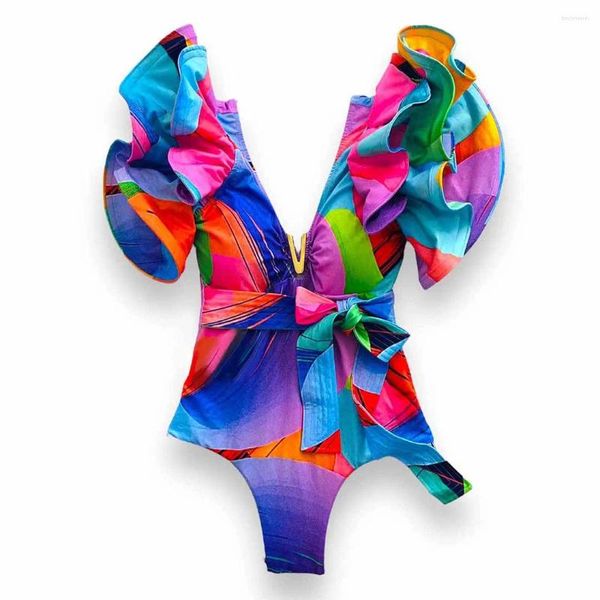 Damenbadebekleidung Frauen Rüschen Einteiliger Badeanzug Tiefer V-Ausschnitt Monokini 2023 Drucken Blumen Push Up Bodysuit