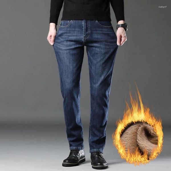 Jeans masculinos cumukkiyp na moda inverno 2023 solto velo perna reta estiramento calças jeans mais calças de veludo