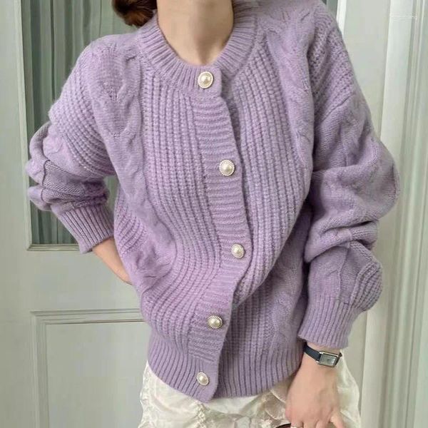 Maglioni da donna Cardigan alla moda con bottoni a pera Giacche in maglione lavorato a maglia di colore viola Maglioni oversize da donna Felpa Abbigliamento Y2k