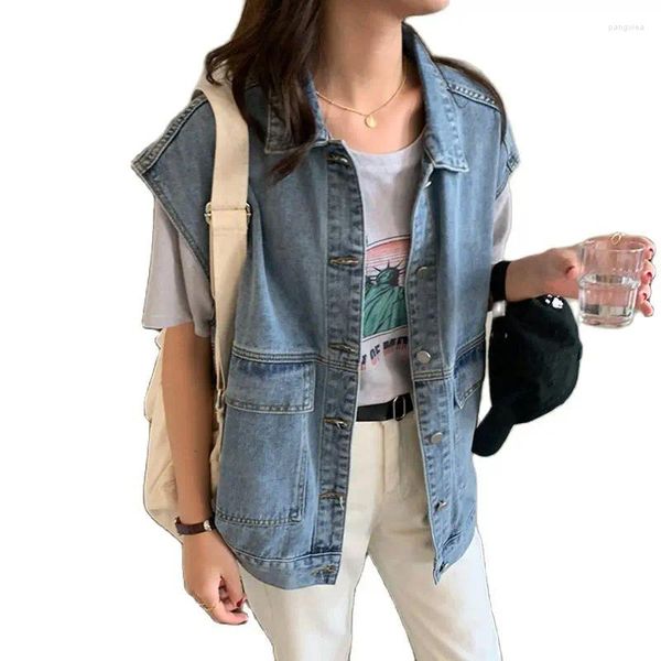 Frauenwesten ärmellose Denim Weste Frauen Große Jean Weste weibliche Mantel Frühling Herbst Casual Streetwear Jacke Hellblau