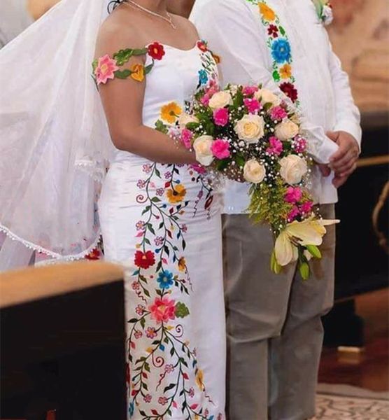 Branco sereia vestido de casamento mexicano com bordado floral longo cetim elegante vestidos de noiva vestido de novia fora do ombro lindo vestidos de noiva 2024 primavera