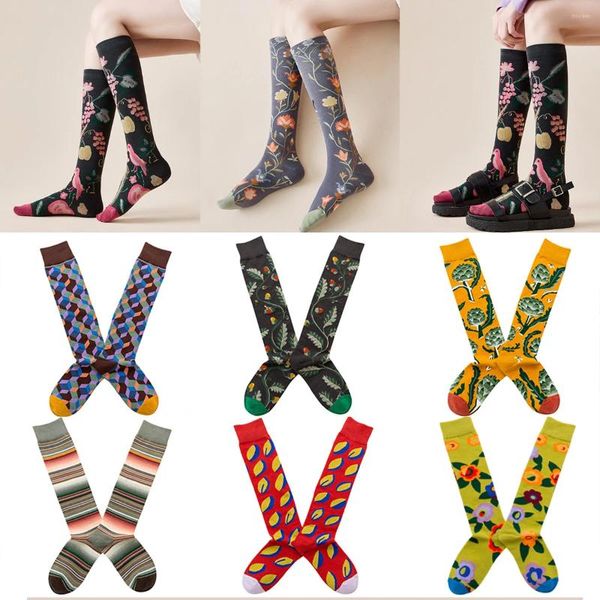 Damensocken Damen High Tube Wade knielang Retro Illustration Kunst Abstrakt Straße Herbst und Winter Baumwollsocke