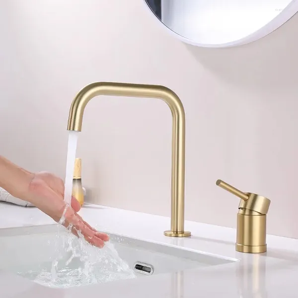 Rubinetti per lavandino del bagno Rubinetto di alta qualità Una maniglia Due fori Lavabo Rubinetto per lavabo con acqua fredda Design moderno Oro spazzolato