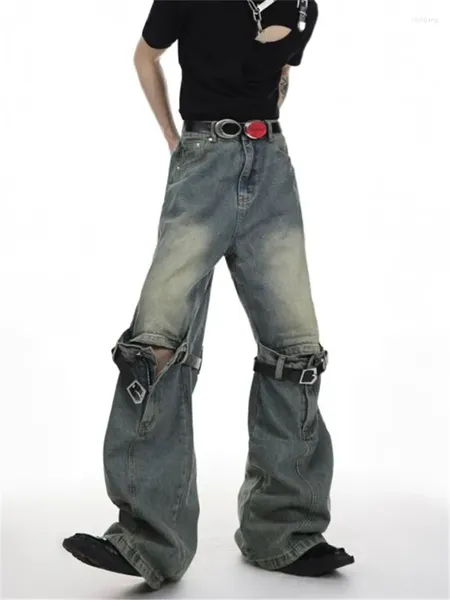 Erkekler kot hip hop giyim patchwork fermuar cadde parlama pantolon düz renk düğmesi cep gevşek pantolonlar a176