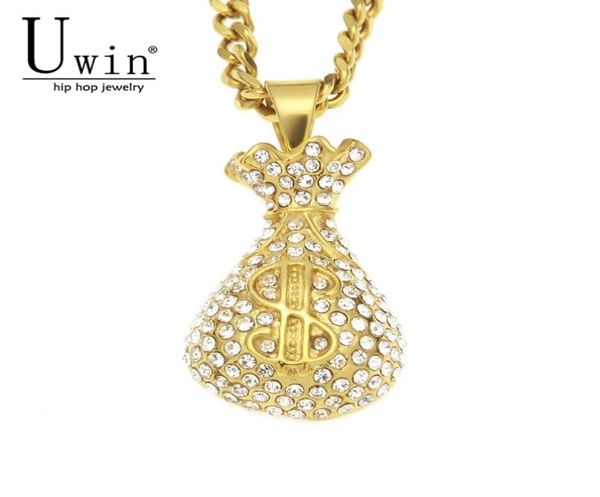 UWIN Edelstahl Dollarzeichen Geldbörse Goldmünzen Geldbeutel Anhänger mit Strass Charms Iced Out Halskette Hip Hop 2010146224740