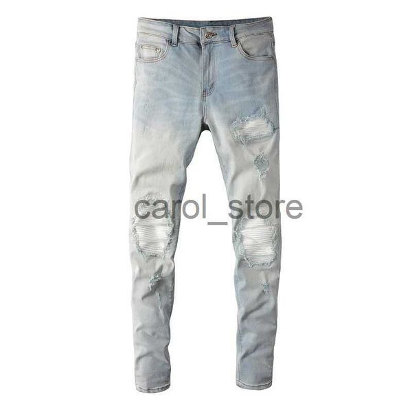 Pantaloni da uomo Jeans da uomo in denim a goccia blu chiaro effetto consumato Baffi Costole bianche Patchwork Slim Fit Fori danneggiati Jeans strappati elasticizzati J231208