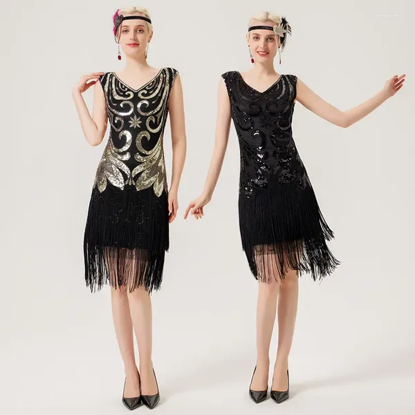 Vestidos casuais 1920s vintage lantejoulas vestido v-pescoço franja fundo plus sizegrande gatsby casamento cocktail festa banquete curto feminino