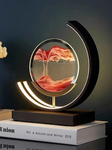 Statuette decorative Lampada da tavolo a LED con arte della sabbia in movimento Sabbie mobili Luce notturna 3D Sandscape Clessidra Lampade da comodino Pittura con sabbia che scorre Decorazioni per la casa Regali 231207