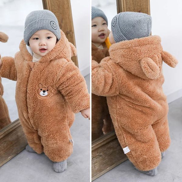 Strampler Baby Jungen Kleidung Nette Plüsch Bär Herbst Winter Warm Halten Mit Kapuze Infant Mädchen Overall Overall geboren Strampler 018M 231211